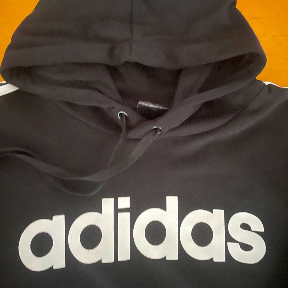 Men’s Adidas Black Hoodie with White Stripes on Sleeves - Picture 2 of 2